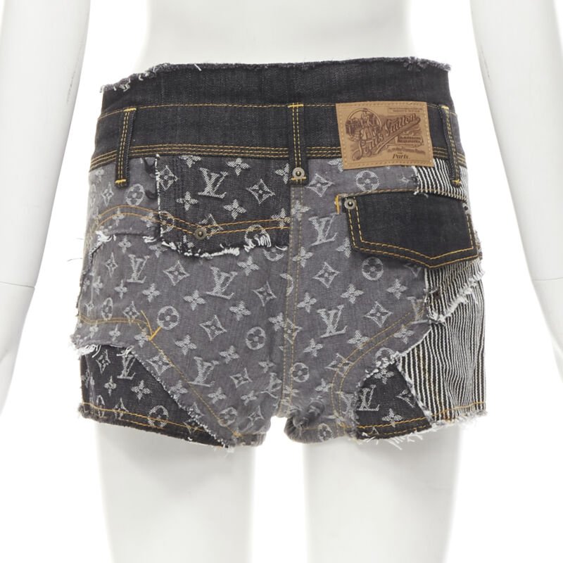 rare LOUIS VUITTON LV mongram jacquard raw cut patchwork shorts FR36 S