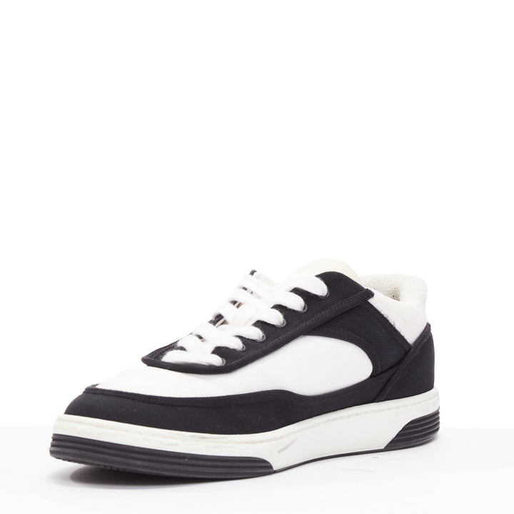CHANEL 21S black white CC logo fabric minimal lace up sneakers EU36.5