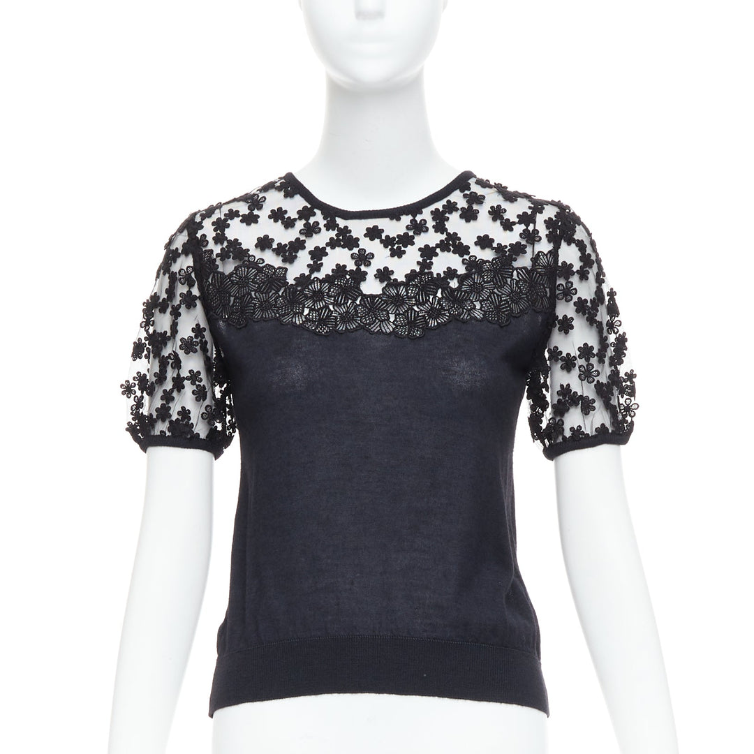 GIAMBATTISTA VALLI black cashmere silk floral sheer lace panel sweater IT38 XS