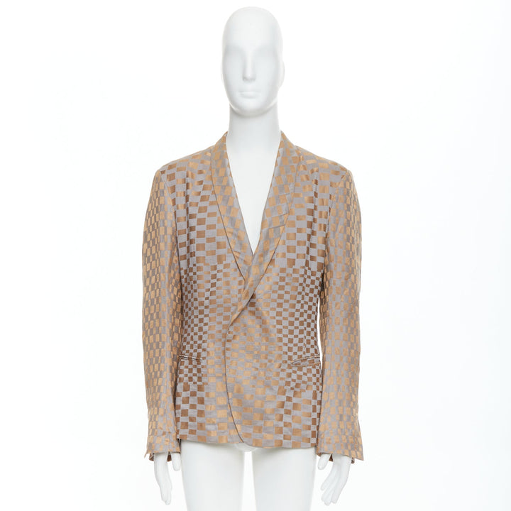 rare HAIDER ACKERMANN 2015 Runway gold silver checkered linen silk blazer XL