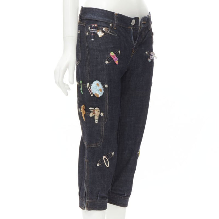 rare MOSCHINO JEANS Vintage dark denim hair clip embroidered cargo jeans IT38 XS