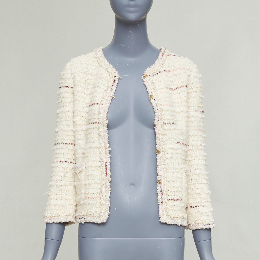 CHANEL 05A cream pink wool boucle tweed gold CC buttons cardigan FR38 M