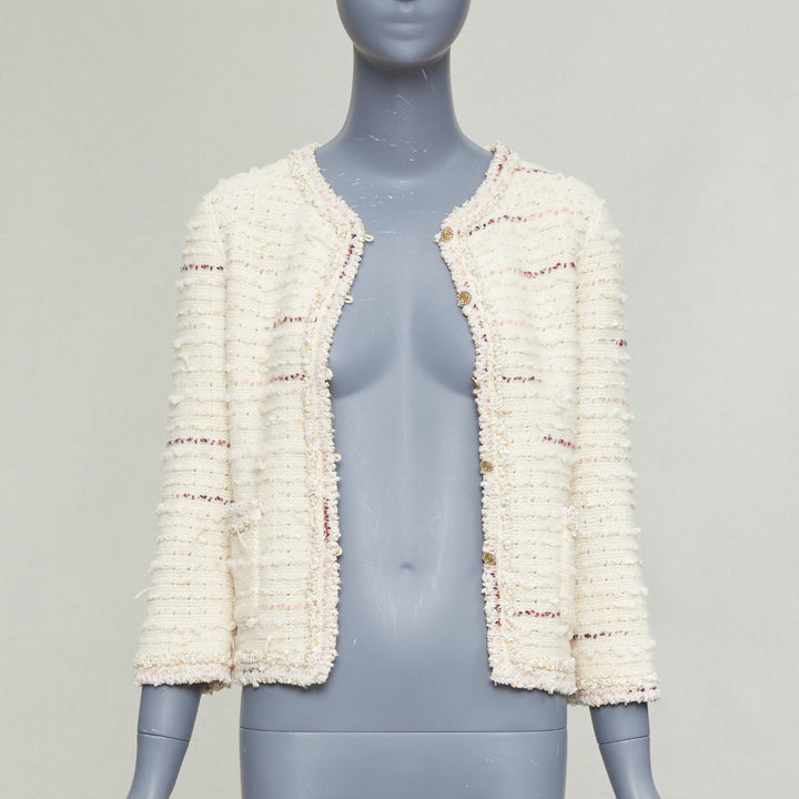 CHANEL 05A cream pink wool boucle tweed gold CC buttons cardigan FR38 M