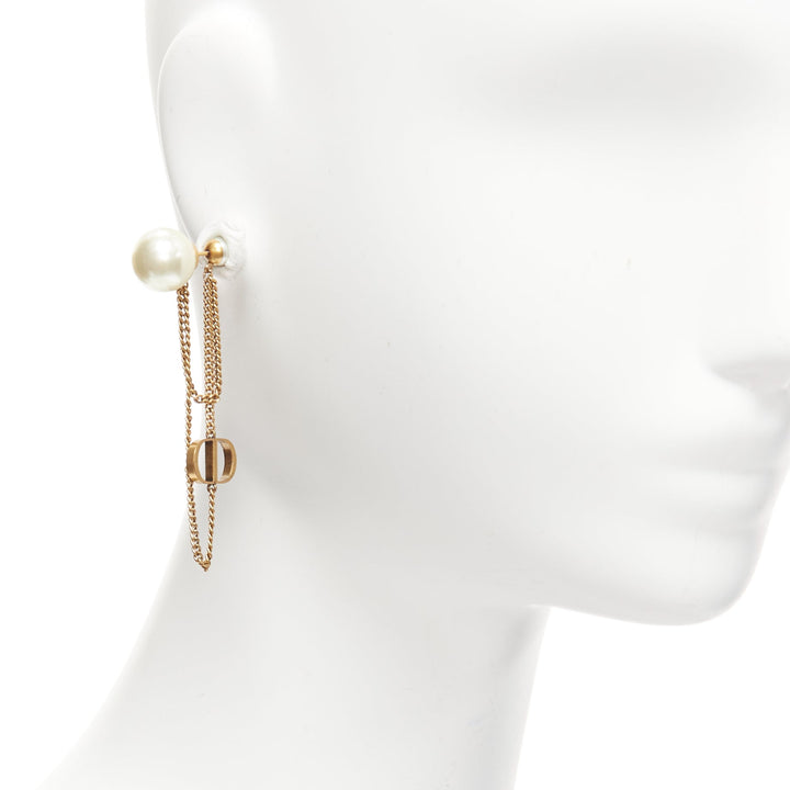 DIOR Tribales double pearls CD charm drop dangling chain pin earrings pair
