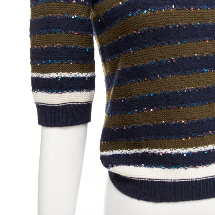 CHANEL 20C navy khaki sequin cashmere blend CC logo stripe crop sweater FR34 XXS