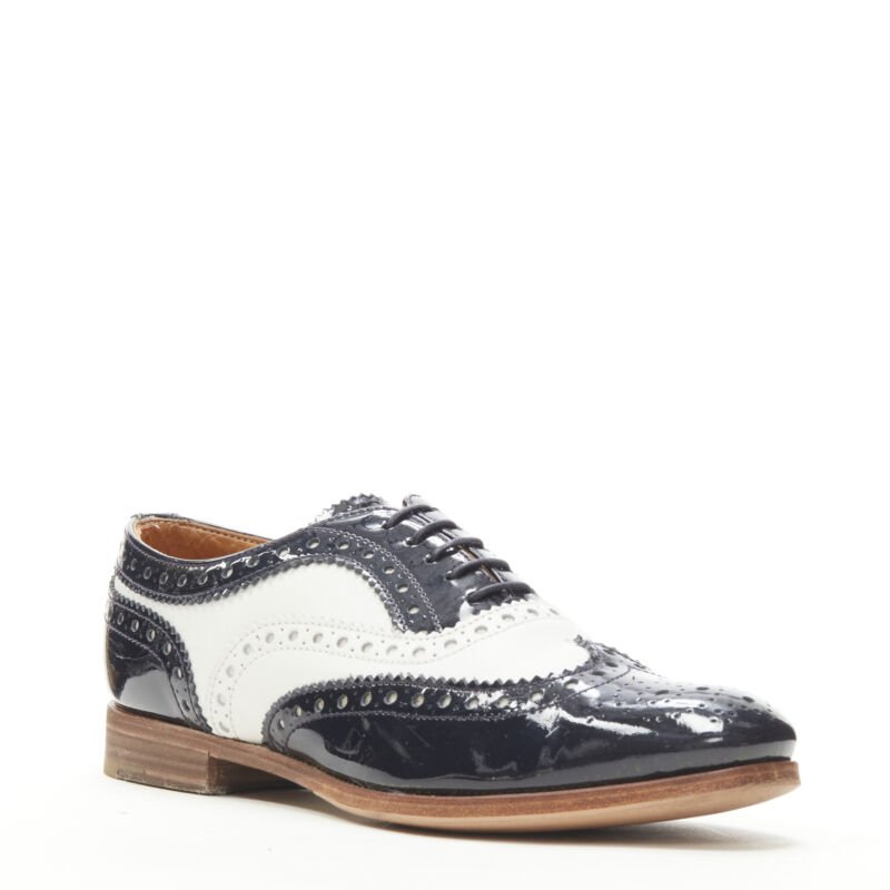 CHURCH'S Burwood black patent white perforated leather brogue EU36