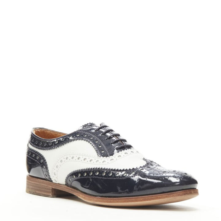 CHURCH'S Burwood black patent white perforated leather brogue EU36