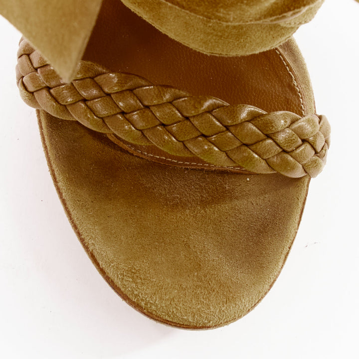 GIANVITO ROSSI tan suede leather braid strap ribbon tie block heels EU37