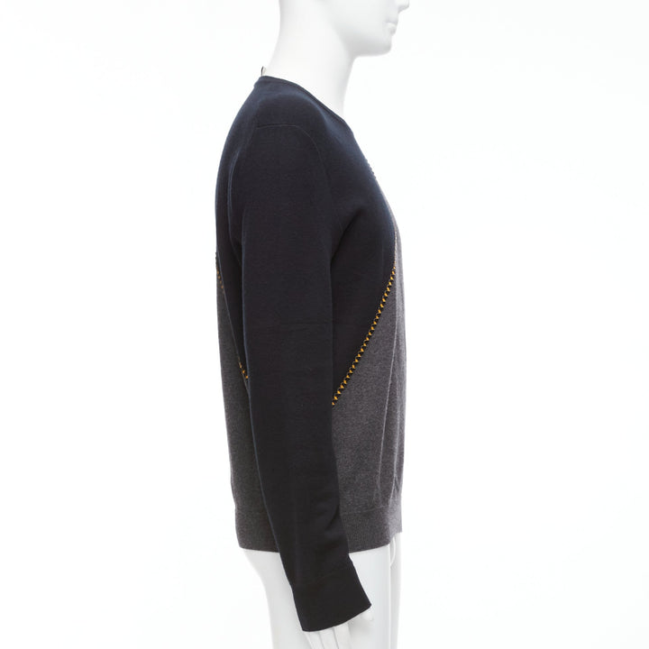 BERLUTI grey black yellow lambskin leather stitch wool cashmere split sweater M
