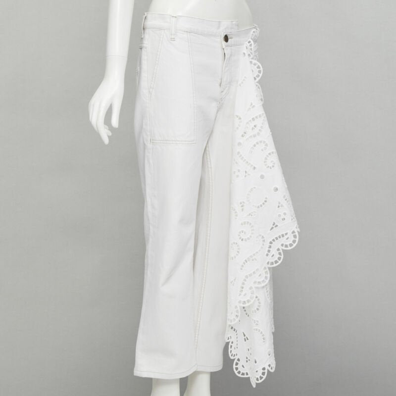 MONSE white denim cotton embroidery anglais draped trim straight leg jeans US2 S