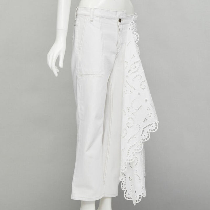 MONSE white denim cotton embroidery anglais draped trim straight leg jeans US2 S
