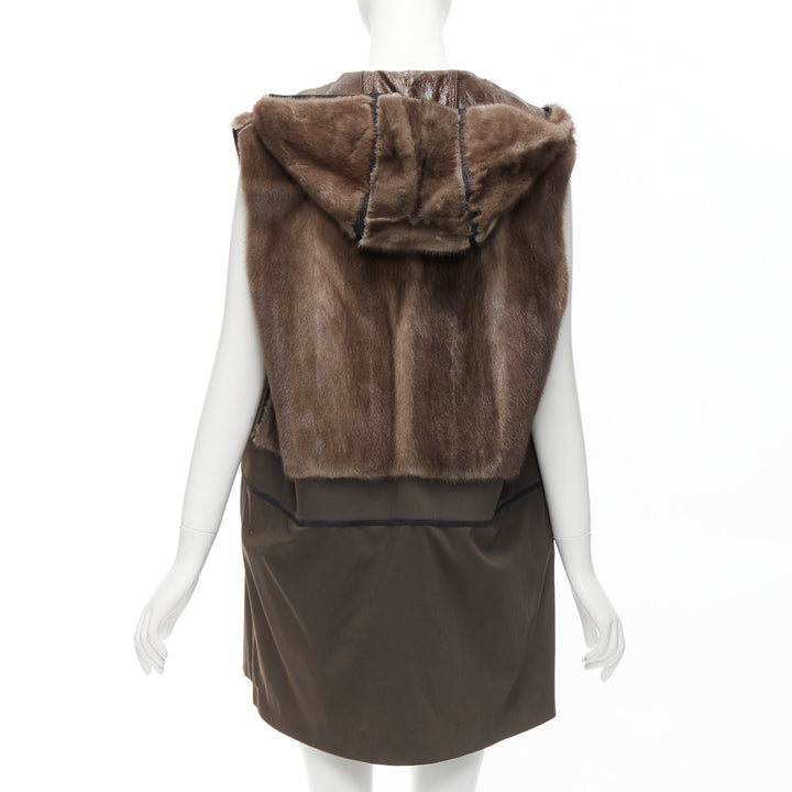 MARNI Mink Gilet Reversible brown colorblocked textured fur hooded vest IT40 S