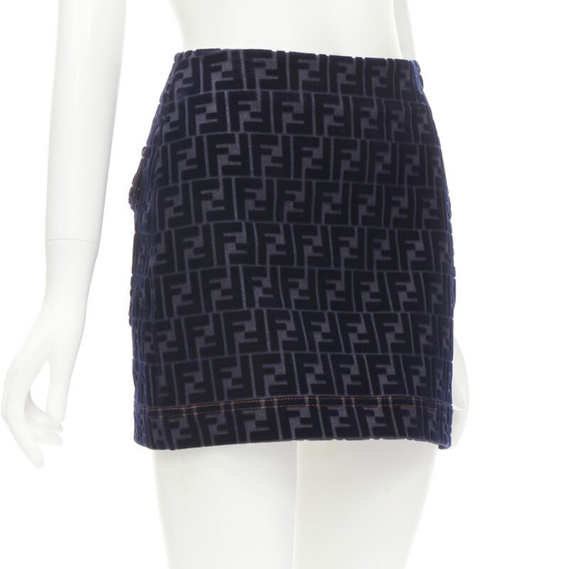 FENDI FF Zucca monogram velvet flocking mini denim skirt S