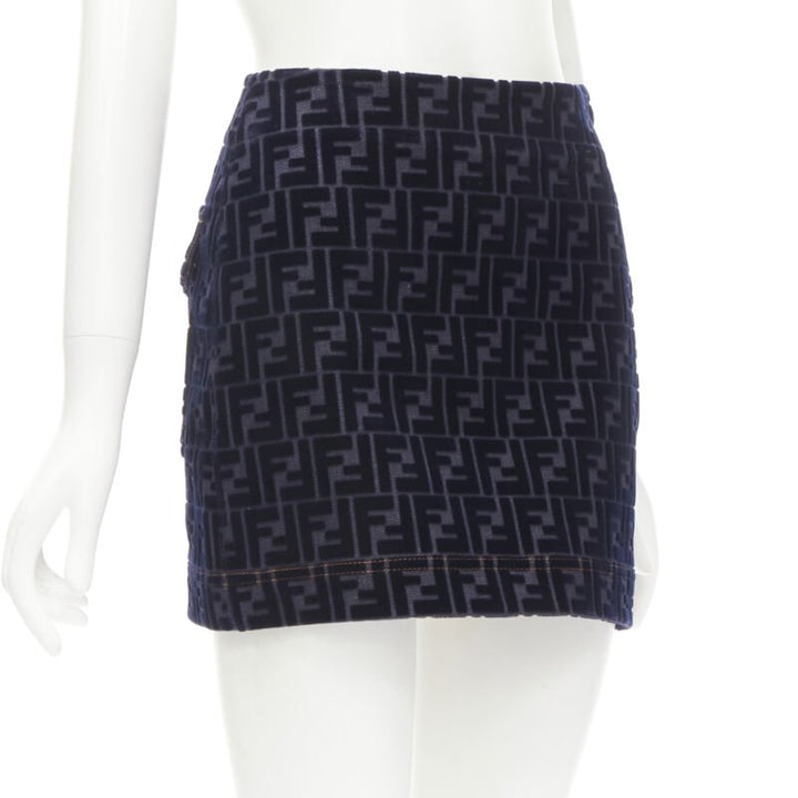 FENDI FF Zucca monogram velvet flocking mini denim skirt S