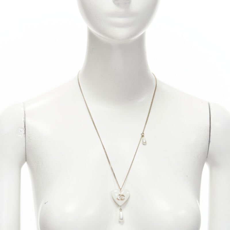 rare CHANEL B18 CC white heart drop pearl pendant necklace