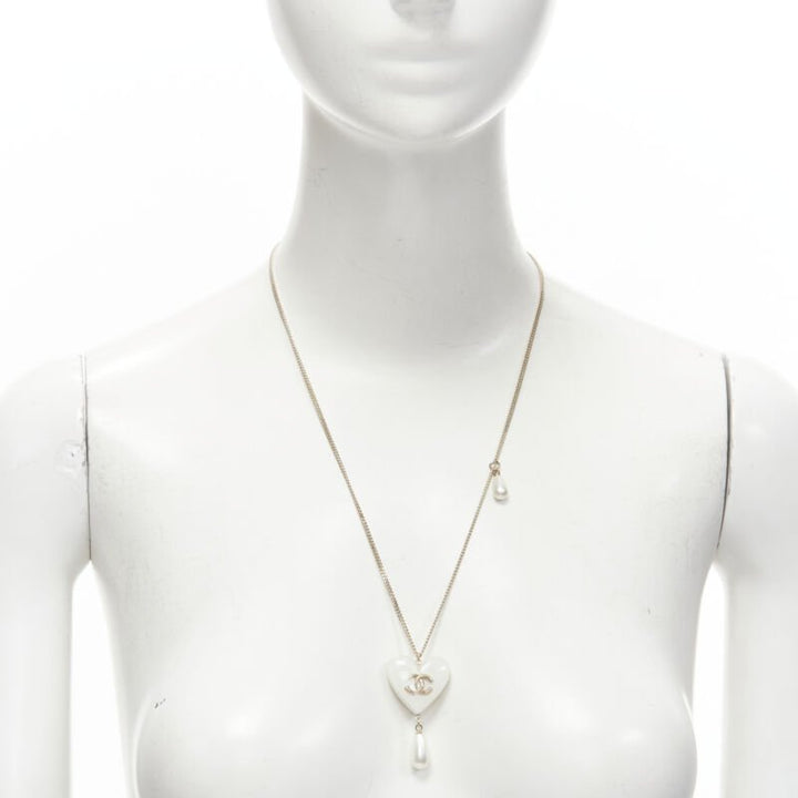 rare CHANEL B18 CC white heart drop pearl pendant necklace