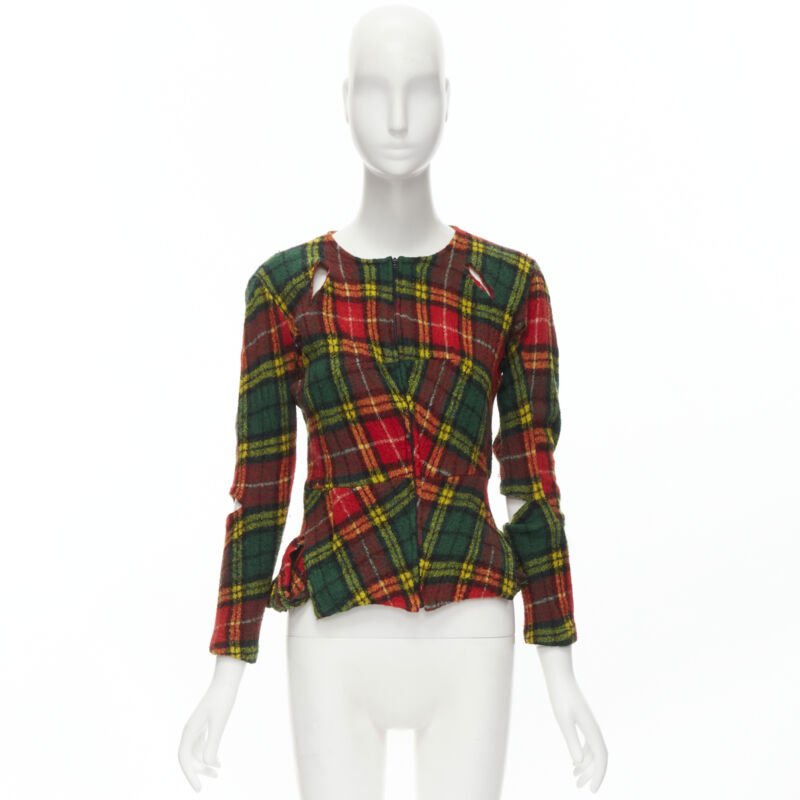 JUNYA WATANABE Vintage 1995 red punk plaid boiled wool cut out jacket S