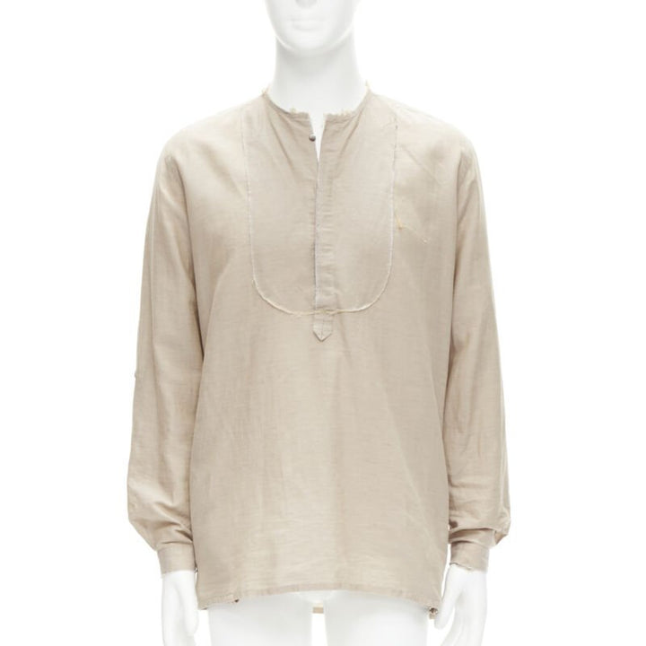FENDI beige linen cotton raw frayed half button long sleeve shirt EU40 L