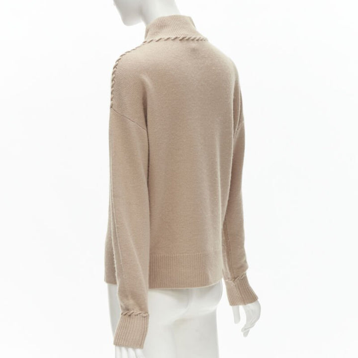 THEORY 100% cashmere light brown whipstitch detail dropped shoulder turtleneck S