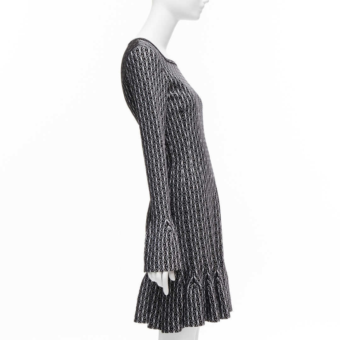 ALAIA black white wool jacquard square neck flared hem cocktail dress FR38 M