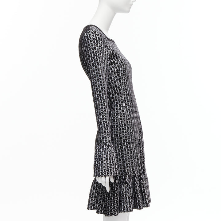 ALAIA black white wool jacquard square neck flared hem cocktail dress FR38 M