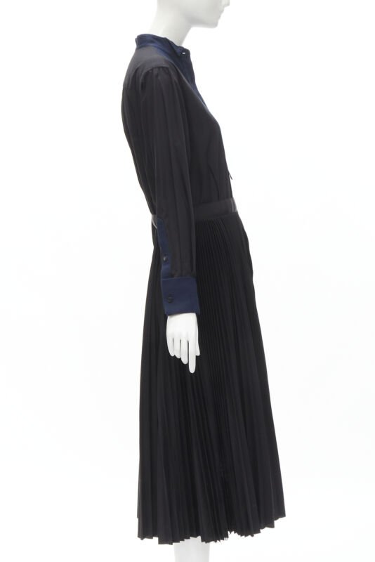 SACAI navy tuxedo bib collar black cotton pleated skirt belted midi dress JP2 M