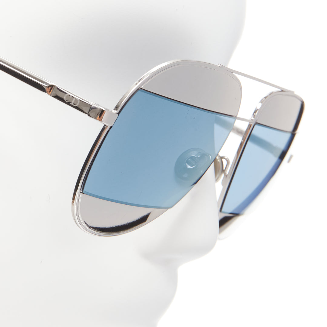 CHRISTIAN DIOR Split 0103J CD logo silver blue striped aviator sunglasses