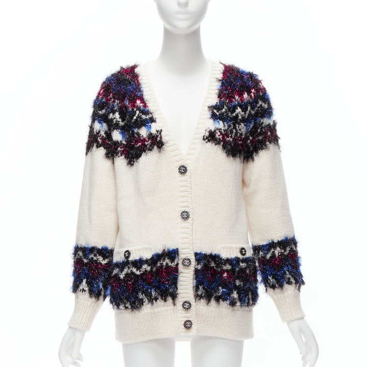 CHANEL pink blue fluffy lurex cream intarsia crystal CC button cardigan FR36 S
