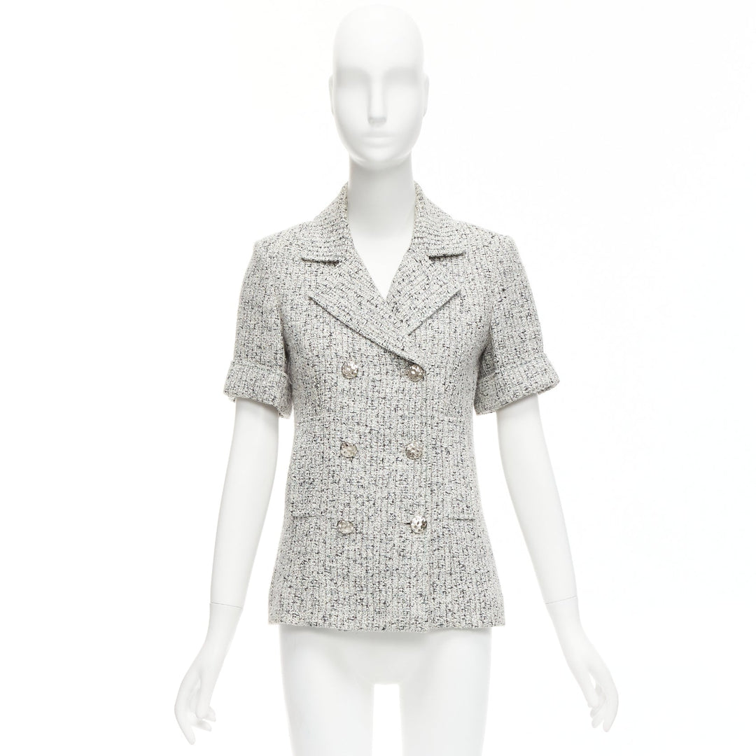 CHANEL 2016 Fantasy Tweed silver CC buttons cuffed sleeves jacket FR36 S