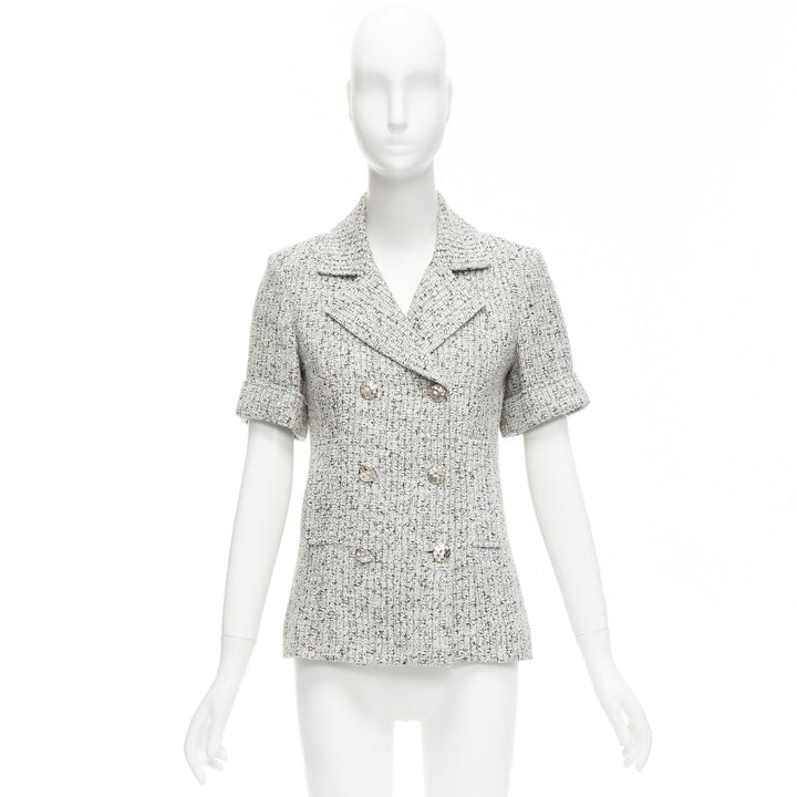 CHANEL 2016 Fantasy Tweed silver CC buttons cuffed sleeves jacket FR36 S