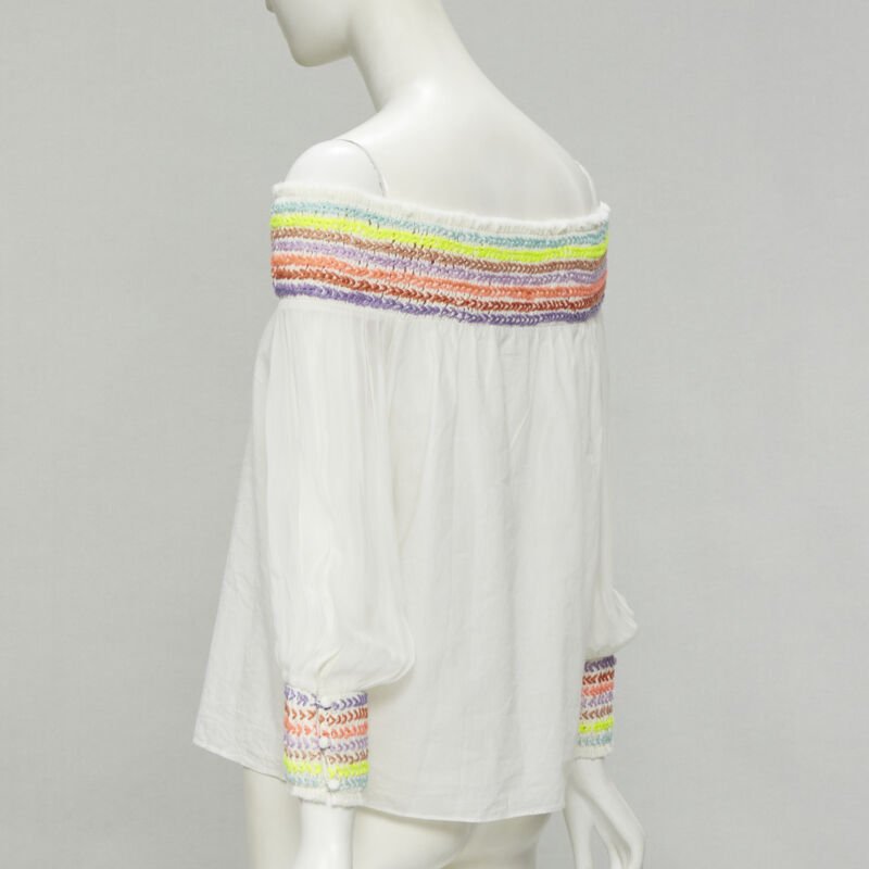 ALICE OLIVIA white cotton neon braid embroidery off shoulder top S