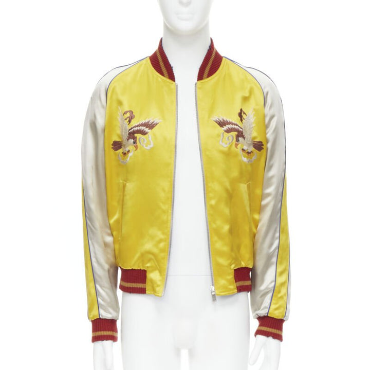 Runway SAINT LAURENT '18 Reversible yellow blue bird embroidery bomber EU48