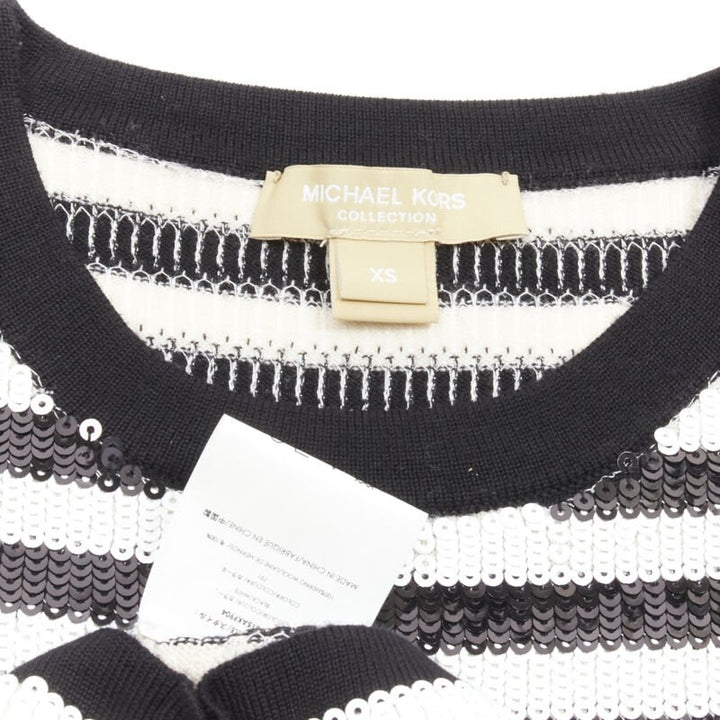 MICHAEL KORS COLLECTION 100% merino wool black white sequins striped boxy top XS