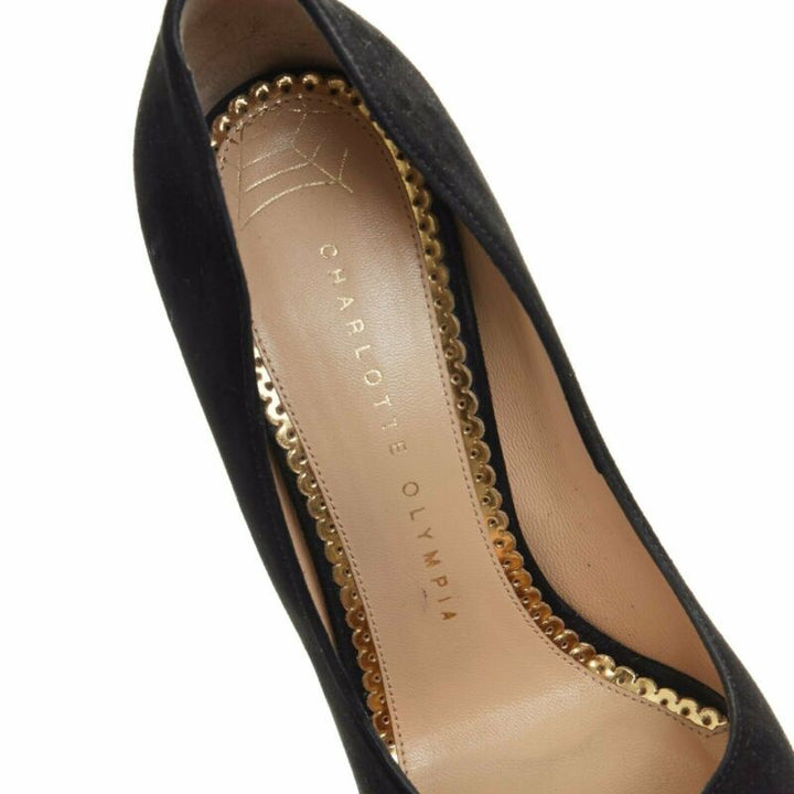 CHARLOTTE OLYMPIA black suede point toe spider embroidered chunky high heel EU35