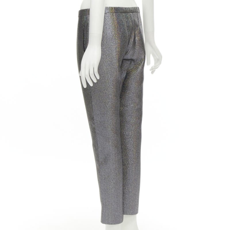 ROSIE ASSOULIN silver iridescent glitter metallic silk tapered cropped pants XS