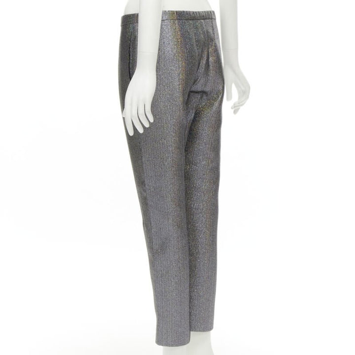 ROSIE ASSOULIN silver iridescent glitter metallic silk tapered cropped pants XS