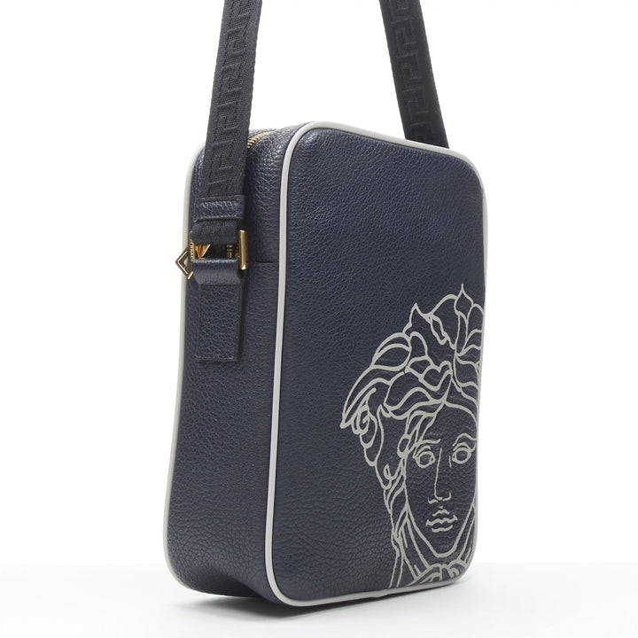 VERSACE Pop Medusa navy grey calf leather Greca crossbody messenger bag