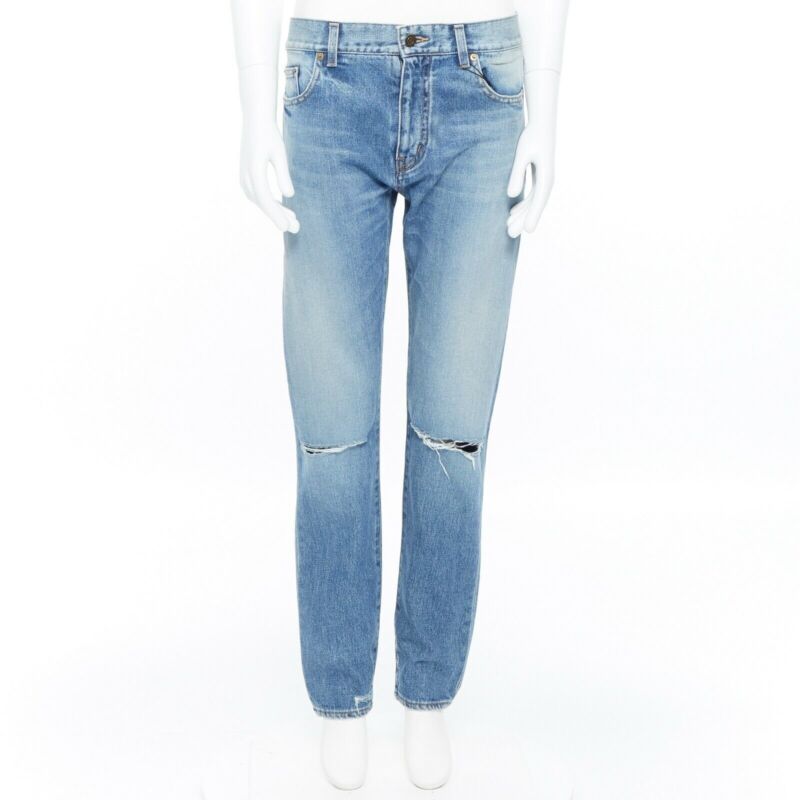SAINT LAURENT Hedi Slimane blue cotton torn knee washed skinny denim jeans 29"