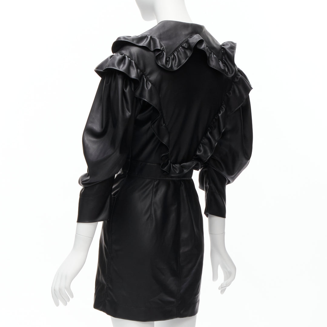PHILOSOPHY DI LORENZO SERAFINI black faux leather Victorian ruffle dress IT38 XS