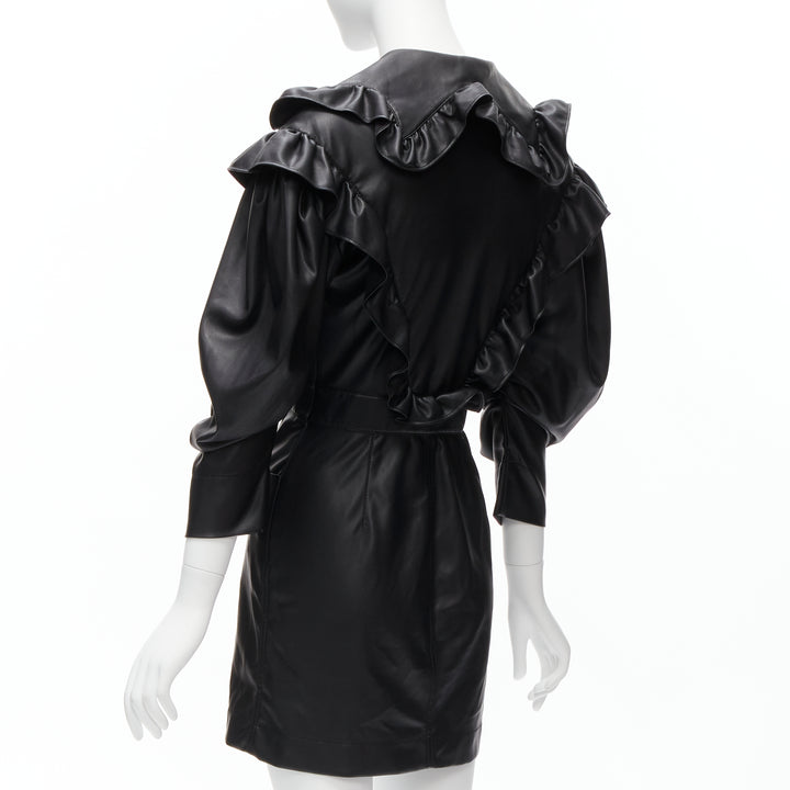 PHILOSOPHY DI LORENZO SERAFINI black faux leather Victorian ruffle dress IT38 XS