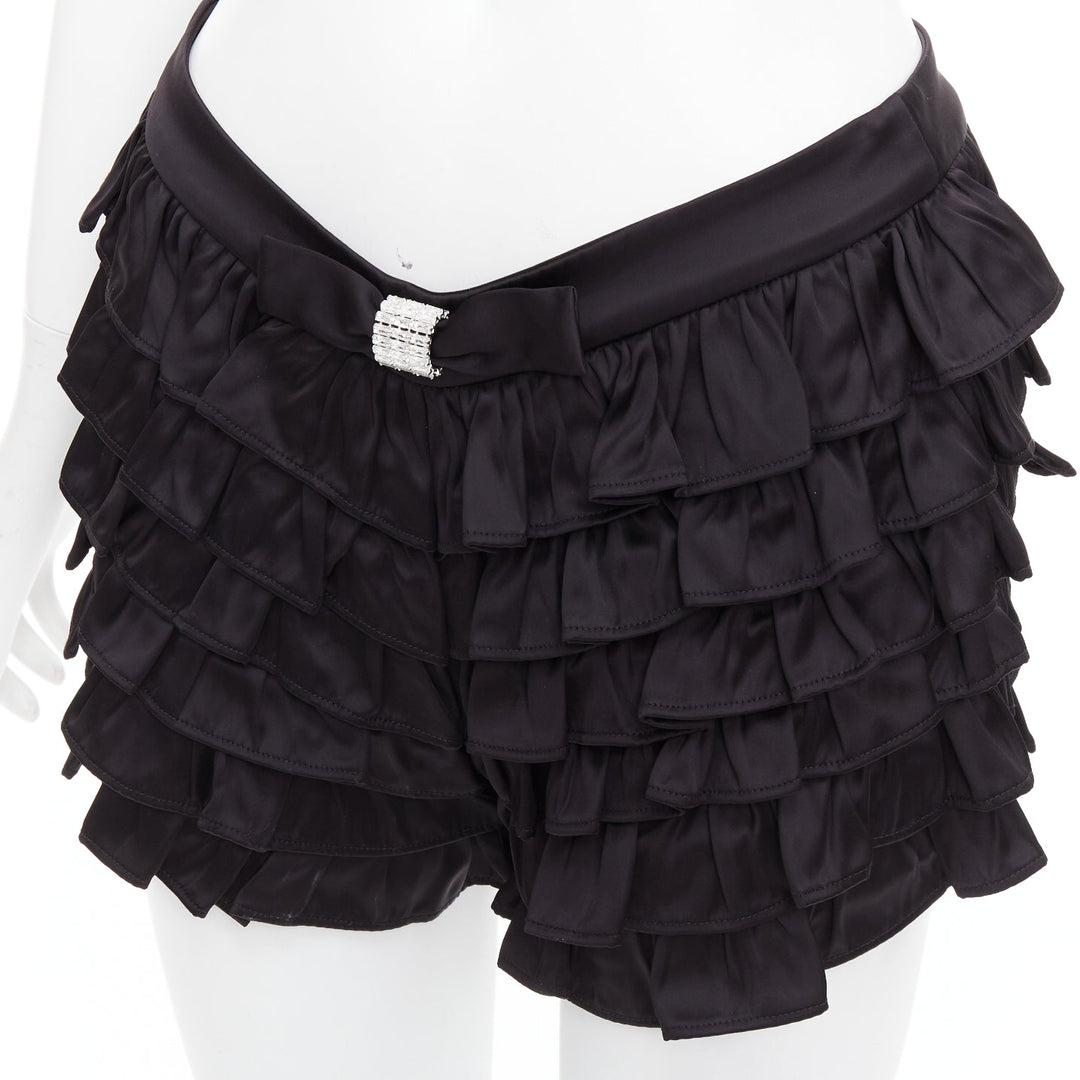 SHUSHU TONG black viscose ruffle tiered crystal bow mini shorts UK6 XS