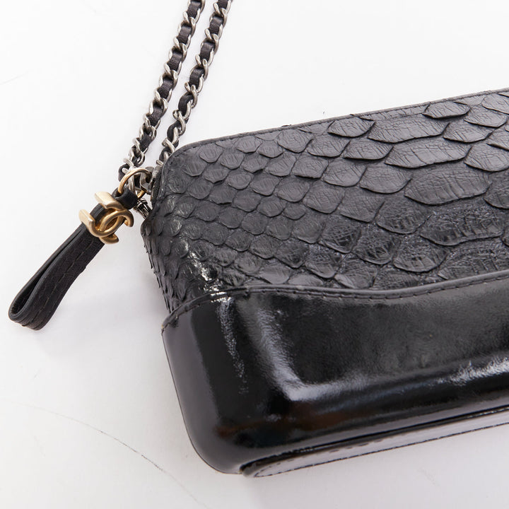 CHANEL Mini Gabrielle black scaled leather patent trim double CC crossbody bag