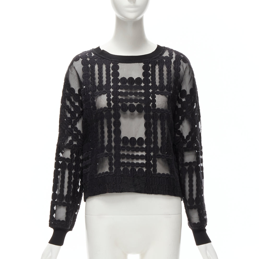 BY MALENE BIRGER black graphic circle embroidery sheer cropped sweater FR36 S