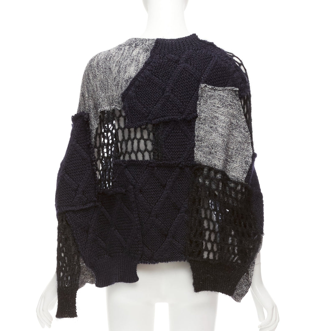 JUNYA WATANABE 2014 navy grey wool mohair blend patchwork loose knit cardigan M