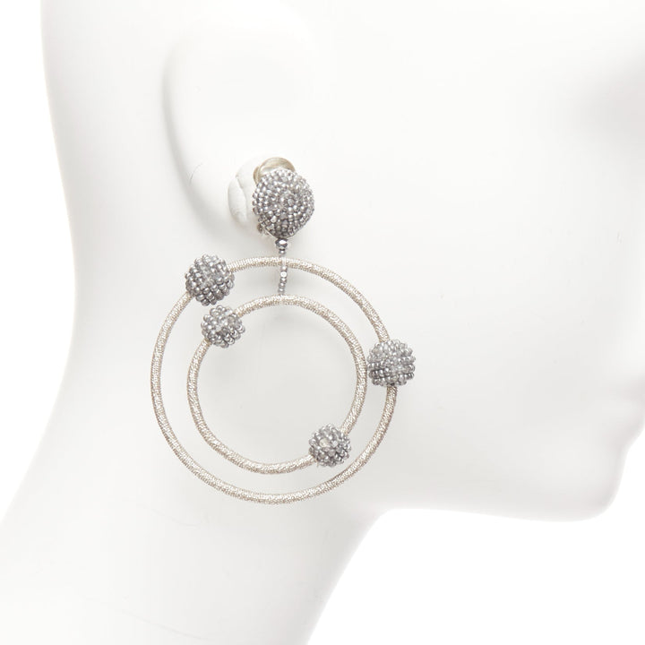 OSCAR DE LA RENTA silver beaded dual orbital hoop clip on earrings Pair