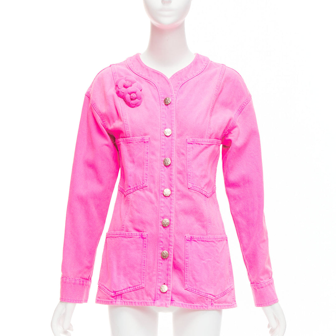 CHANEL 2021 neon pink cotton denim CC logo camellia embellished jacket FR34 XS