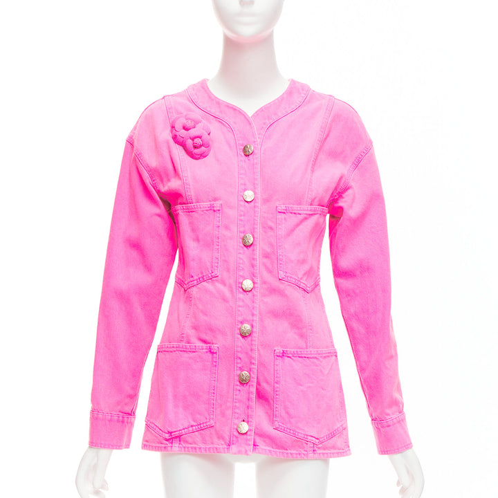 CHANEL 2021 neon pink cotton denim CC logo camellia embellished jacket FR34 XS
