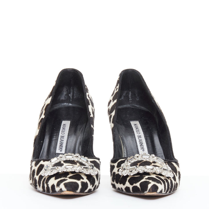 MANOLO BLAHNIK Vintage cow spot ponyhair crystal buckle pumps EU37