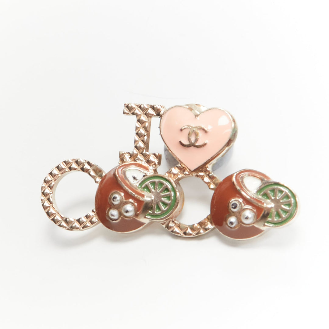 CHANEL 2017 I Love Coco pink heart green lime faux pearl gold pin brooch