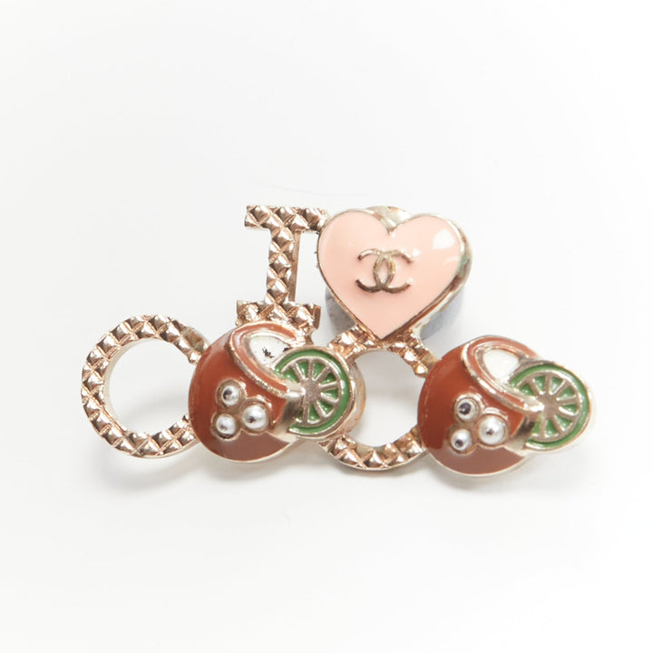 CHANEL 2017 I Love Coco pink heart green lime faux pearl gold pin brooch
